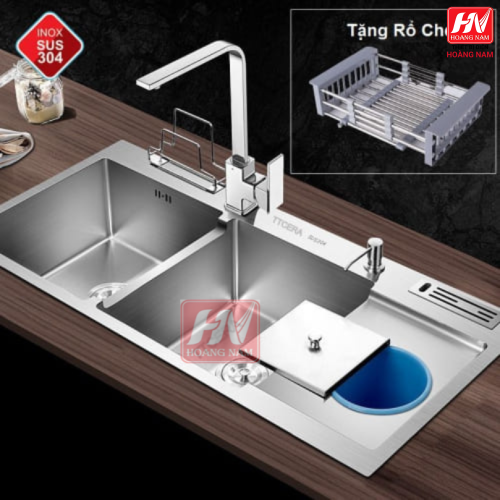 [CHÍNH HÃNG] Chậu Rửa Chén Vắt Dao Hộc Rác INOX 304 dồng thau nguyên khối 1000x480x240mm Tặng rỗ rữa rau củ