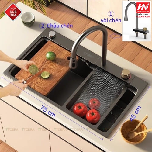 [CHÍNH HÃNG] Chậu Rửa Chén INOX 304 dồng thau nguyên khối Tặng thớt và 2 khay nhôm loại xịn chỉnh nhiều chế dộ