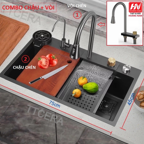 [CHÍNH HÃNG] Chậu Rửa Chén INOX 304 dồng thau nguyên khối Tặng thớt và 2 khay nhôm loại xịn chỉnh nhiều chế dộ